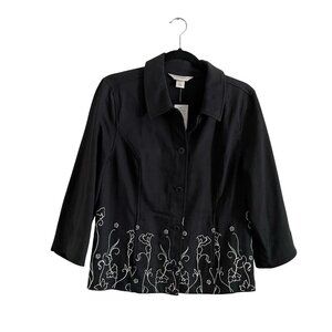Christopher & Banks Wmn M Black W/White Embroidered Flowers 3/4 Slv Blazer NWT